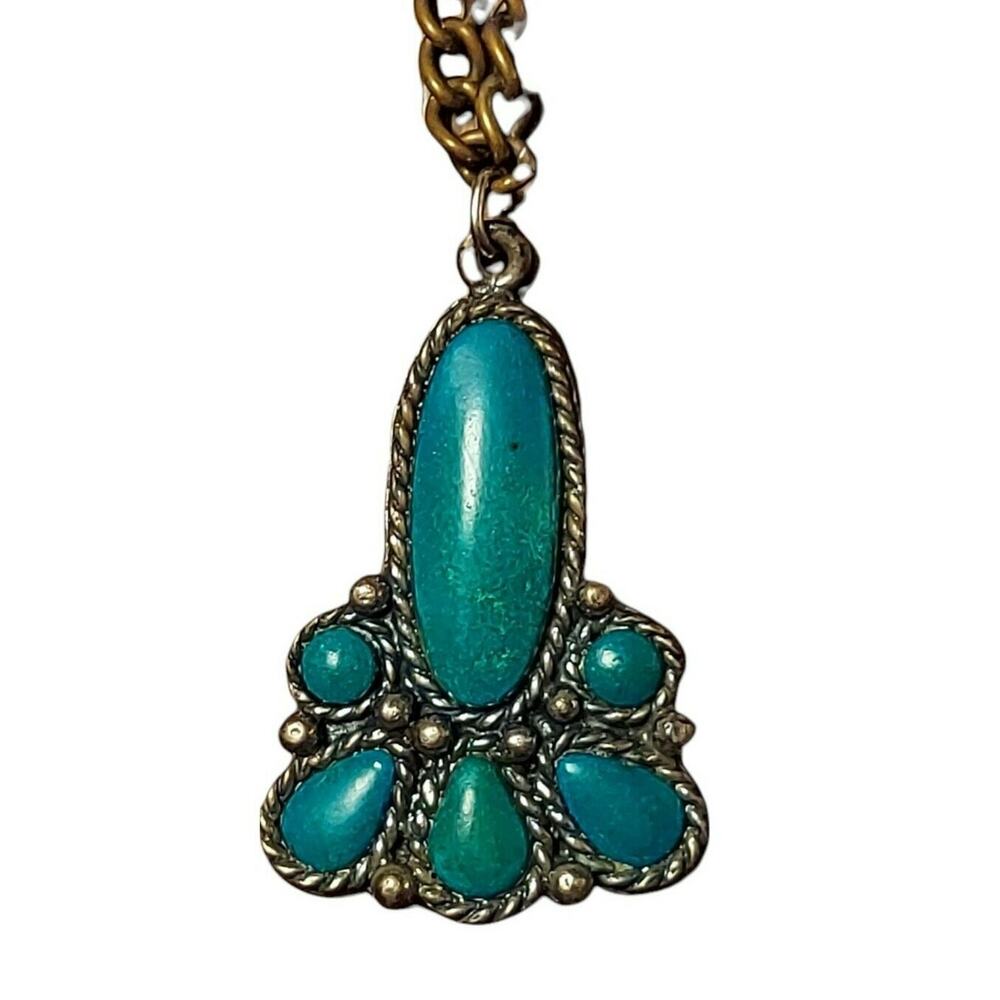 Vintage Sancrest Necklace Faux Turquoise Silver Tone Sacred Symbol